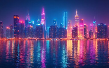 Vibrant Cityscape At Night with Neon Lights and Water Reflections in Urban Setting
