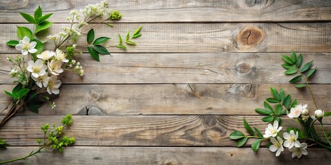 Fototapeta premium Rustic Wooden Planks Decorated with Delicate White Blossoms and Lush Green Foliage