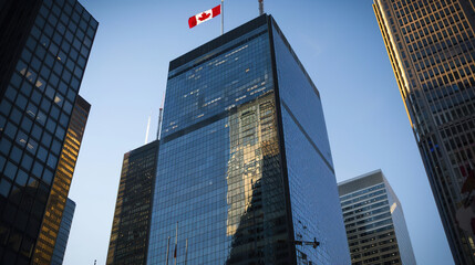 Obraz premium Modern central bank building with glass facade reflecting blue sky in financial district. Contemporary architecture, banking industry, economic power and financial stability concepts.
