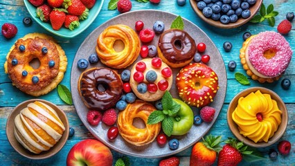 A delightful arrangement of assorted pastries and fresh fruit on a rustic blue wooden surface