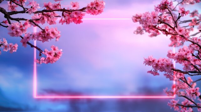 Pink cherry blossoms frame a neon pink rectangle on a cloudy sky backdrop