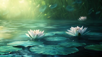 Peaceful lotus blossoms on tranquil water
