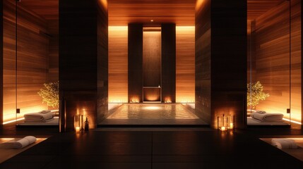 Luxurious, modern spa interior design with warm, calming ambiance.