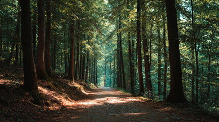Obraz premium Beautiful forest path scenic nature landscape trees sunlight woods hiking trail outdoor adventure travel photography