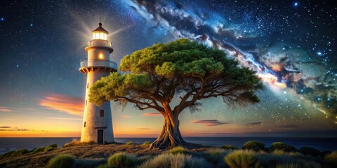 Luminous Beacon Under a Celestial Canvas A Serene Coastal Scene at Twilight, Illuminated by a Guiding Light and Majestic Starry Sky Above