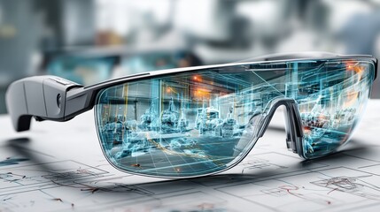 AR Glasses Provide Immersive View With Transparent UI Overlays in a Modern Workspace Filled With Advanced Technology