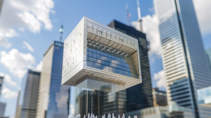 Obraz premium Modern central bank building with glass facade reflecting blue sky in financial district. Contemporary architecture, banking industry, economic power and financial stability concepts.