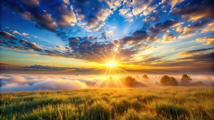 Golden Sunrise Over Misty Meadow, Illuminating Rolling Hills With Sunbeams Piercing Through Clouds