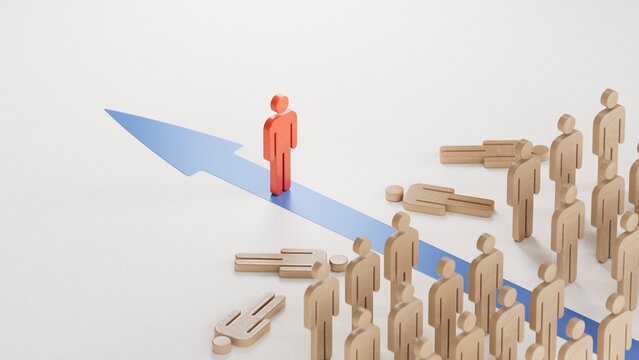RED Wooden doll beating competition. Outsider and market domination concept.  economic status.3D rendering on white background.