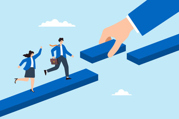 Fototapeta premium Flat illustration of business team crossing gap as giant hand places final bridge block to overcome challenge with leadership support