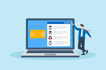 Flat illustration of businessman managing email campaign with laptop, envelope icon, and mailing list for digital marketing
