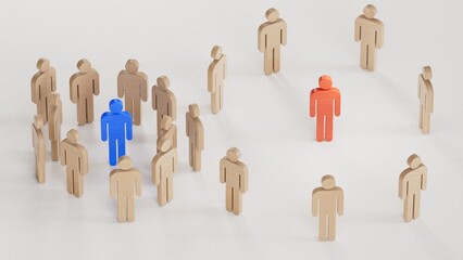 Introvert and extrovert concept. Wooden figurines on a desk. economic status and social achievement.3D rendering on white background.