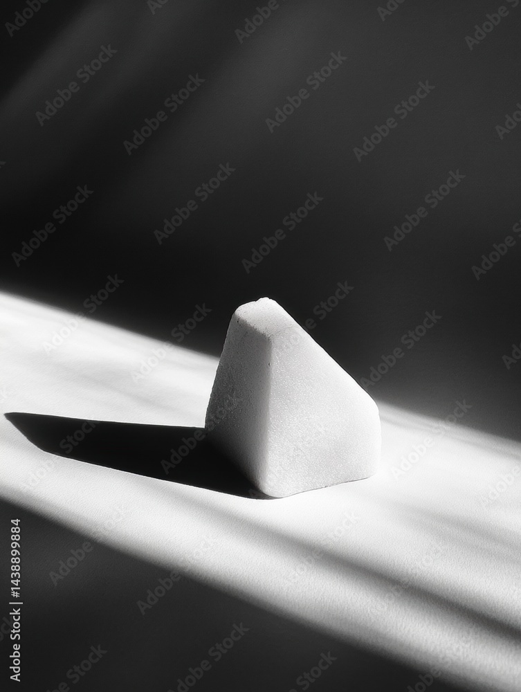 Poster high-contrast minimalist composition featuring a bright white object cast in deep shadow on a textur