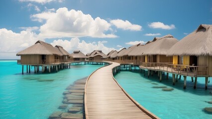 A wooden boardwalk extends through turquoise water,