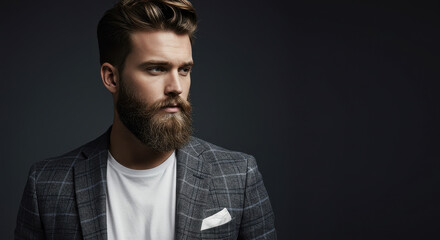 Obraz premium Stylish Man with Beard: Portrait in Blazer. Hair, Fashion, and Confidence. Modern Grooming & Elegant Style Inspiration