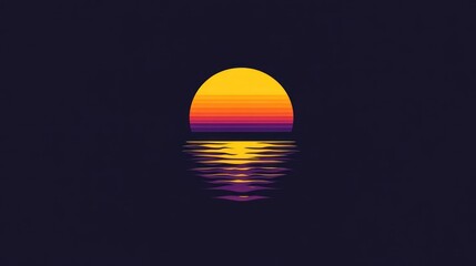 Retro sunset over calm water, gradient colors, minimal design.