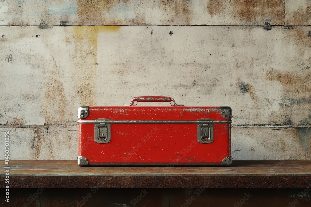 Aufkleber rustic red toolbox resting on a weathered workbench.