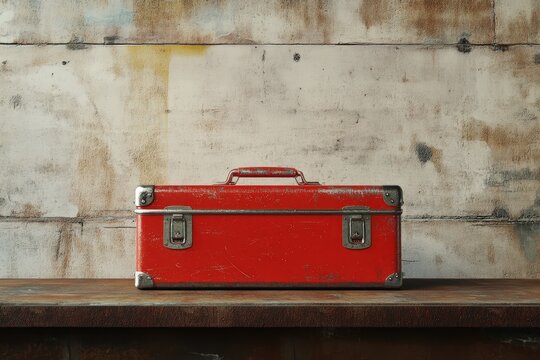Rustic red toolbox resting on a weathered workbench.