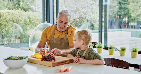 Senior man, child and nutrition in kitchen with teaching, relax wellness and discussion of healthy...