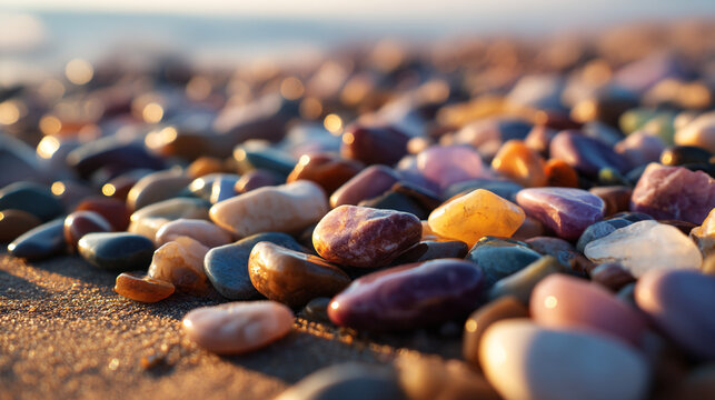 Close up of colorful smooth beach stones and pebbles on sand at the ocean shore in soft light