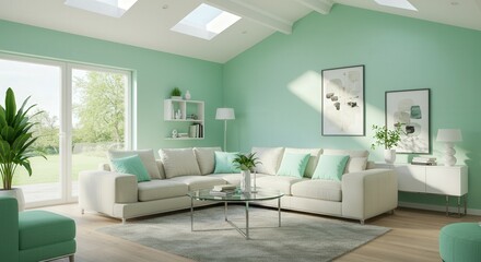 Serene Mint Green Living Room with Natural Light and Cozy Accents