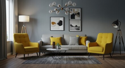 Modern living room with yellow accents, geometric art, and a unique chandelier