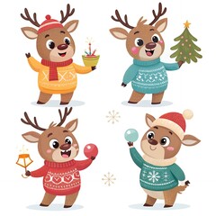 Naklejka premium Cute Reindeer Christmas Characters Holiday Animals Winter Festive Illustration
