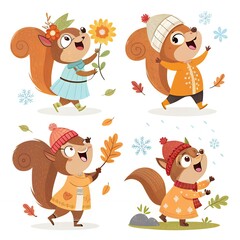 Fototapeta premium Adorable Autumn Winter Squirrels Collection Cute Cartoon Animals in Seasonal Outfits