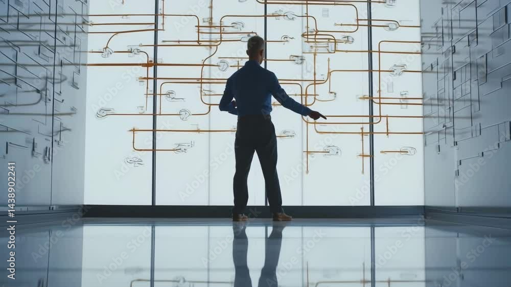 Poster leader standing and pointing at business flowchart in modern office space with mirrorless camera in 