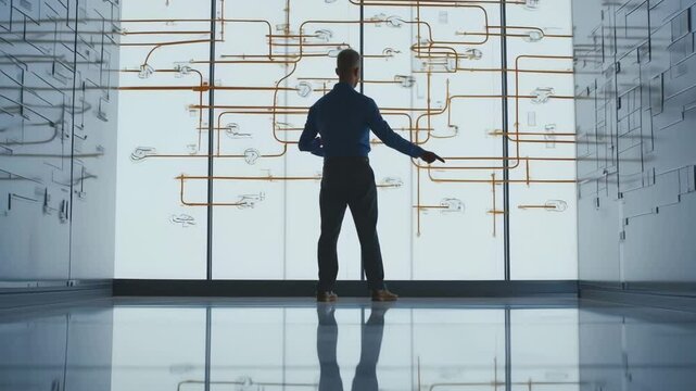 Leader Standing and Pointing at Business Flowchart in Modern Office Space with Mirrorless Camera in 4K Motion