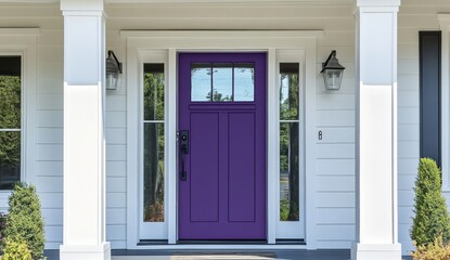 Fototapeta premium Purple front door on a white house
