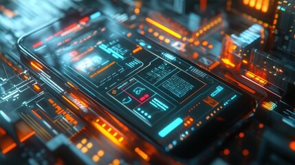 Obraz premium Futuristic phone interface, circuit board, digital city, data visualization, tech concept