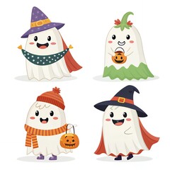 Cute Halloween Ghost Characters Spooky Fun Illustration Holiday Design Elements