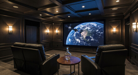 Luxurious Home Theater: Earth View, Recliner Seats, and Rich Wood Paneling - Experience Immersive Entertainment