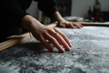 Obraz premium Woman's hands on a detailed drawing surface, showing texture, fingernails and ring; studio view of artistic work.