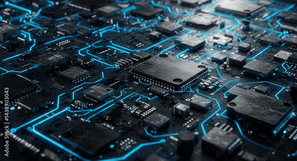 Poster intricate circuit board with glowing blue pathways and detailed components