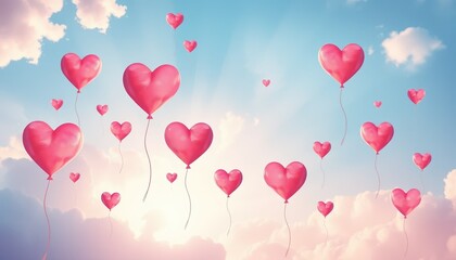 Pink Heart Balloons Floating in a Sunny Sky Romantic Valentine's Day Background Image
