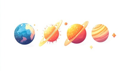 Obraz premium Cartoon planets, sun, space, solar system, illustration, white background, educational, design