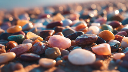 Obraz premium Colorful beach stones pebbles rocks background texture pattern close up nature summer vacation travel concept