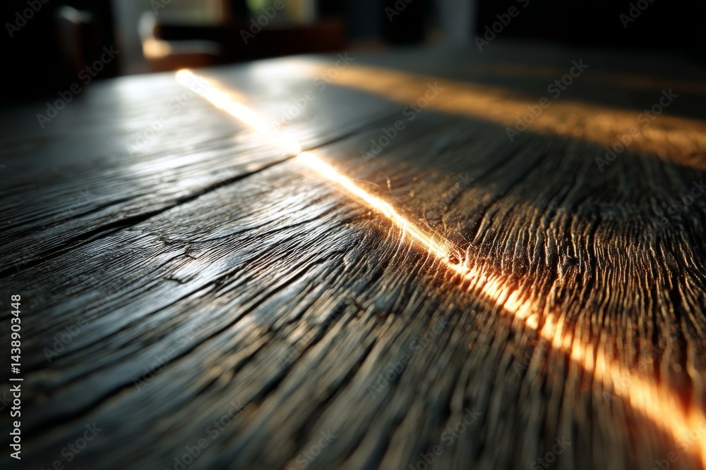 Poster warm light ray across a rustic wooden surface with grain detail and visible cracks creating a dramat