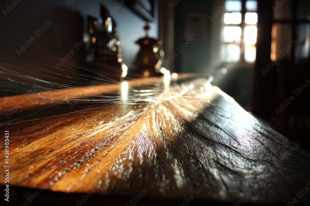 Poster warm light and aged wooden surface with antique objects in soft focus under a window casting sunligh