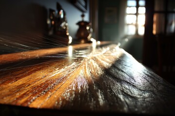 Warm light and aged wooden surface with antique objects in soft focus under a window casting sunlight streaks in the background
