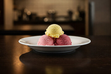 A professional photo of a single plate of Gelato, Italian food placed on a dark wooden table with beautiful lighting.