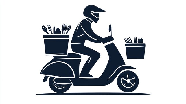 Food delivery scooter illustration, urban scene, worker in action, graphic design, potential use for delivery app or restaurant branding
