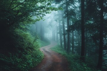 Fototapeta premium Enchanting misty forest path winding through lush green trees soft light mysterious ambiance nature photography