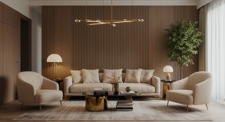 Elegant Living Room with Beige Furniture, Wood Paneling, and Modern Chandelier