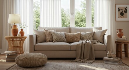 Sunlit Living Room with Beige Sofa and Earthy Decor