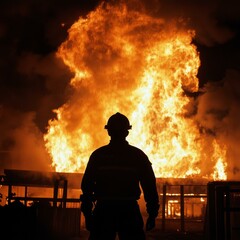 Firefighter stands before raging fire consuming building, silhouette against flames, emergency responder in action, danger scenario