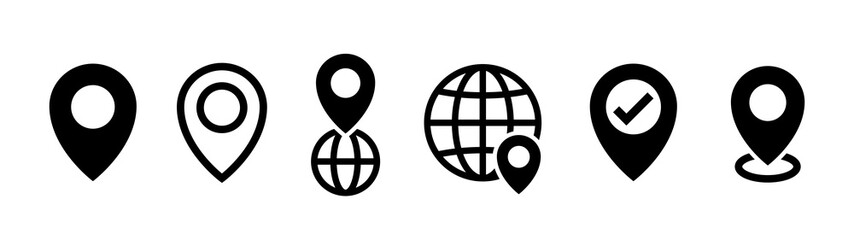 Map pin icons. Globe and location pin icon set. Black color icons on white background.