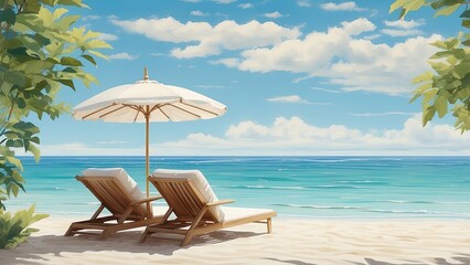 Obraz premium A serene beach scene featuring two wooden lounge chairs with plush cushions positioned beneath a large white umbrella.